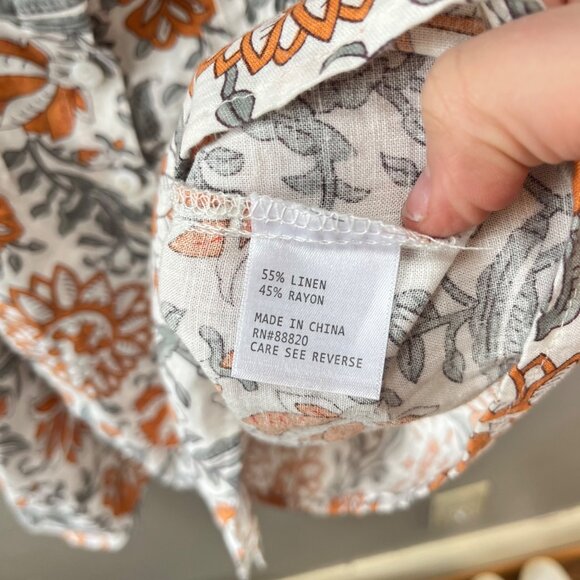 Rachel Zoe Floral Smocked Blouse L Orange & Gray 55% Linen 45% Rayon Long Sleeve - Picture 5 of 6